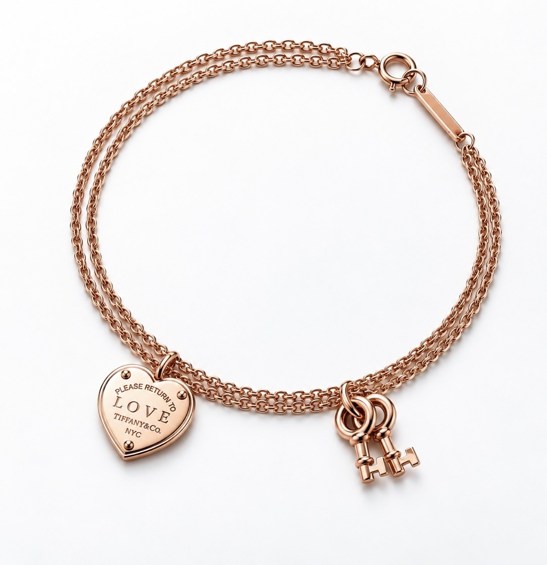 Return to Tiffany Love Heart & Keys Double Chain Bracelet Rose Gold